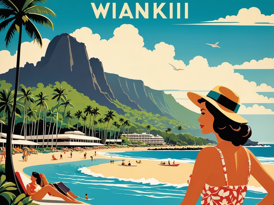 Retro Beach Scene with Tropical Landscape and Sunbathers