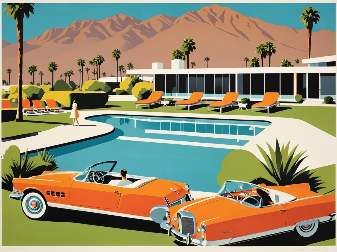 Vibrant Retro Scene with Classic Cars and Poolside Elegance