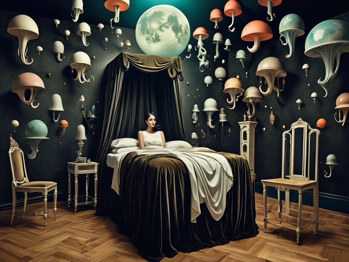 Bizarre Bedroom Scene with Unique Lamp Fixtures