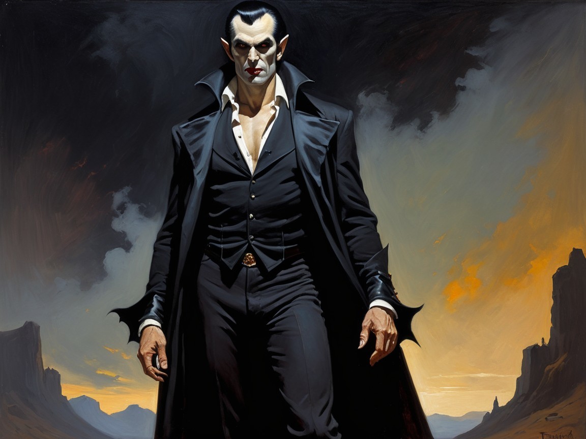 Vampire Figure in Dramatic Desert Landscape at Dusk