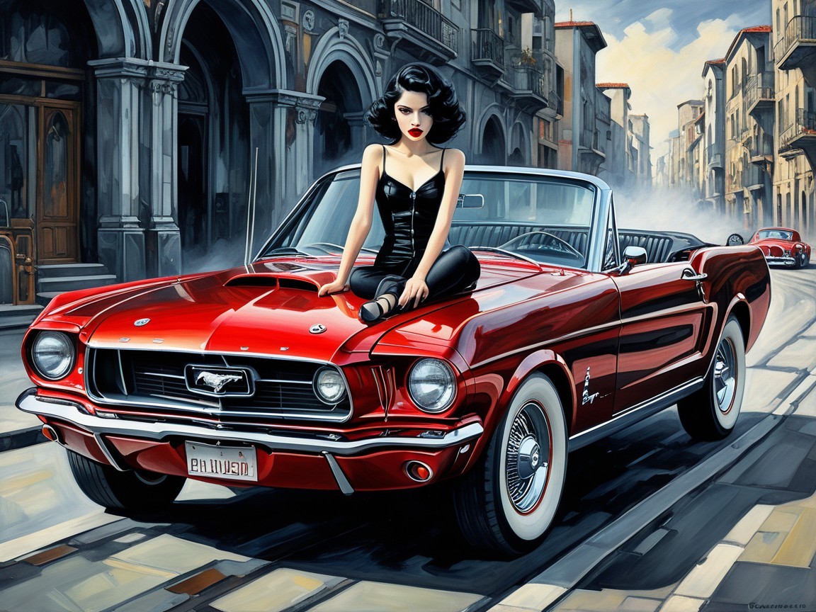 Artwork of a woman in a vintage Ford Mustang setting