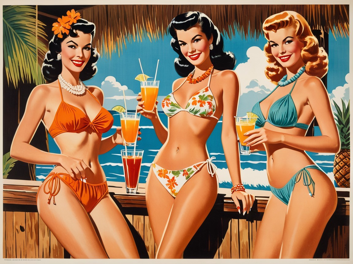 Glamorous Women in Bikinis at Tropical Bar Scene