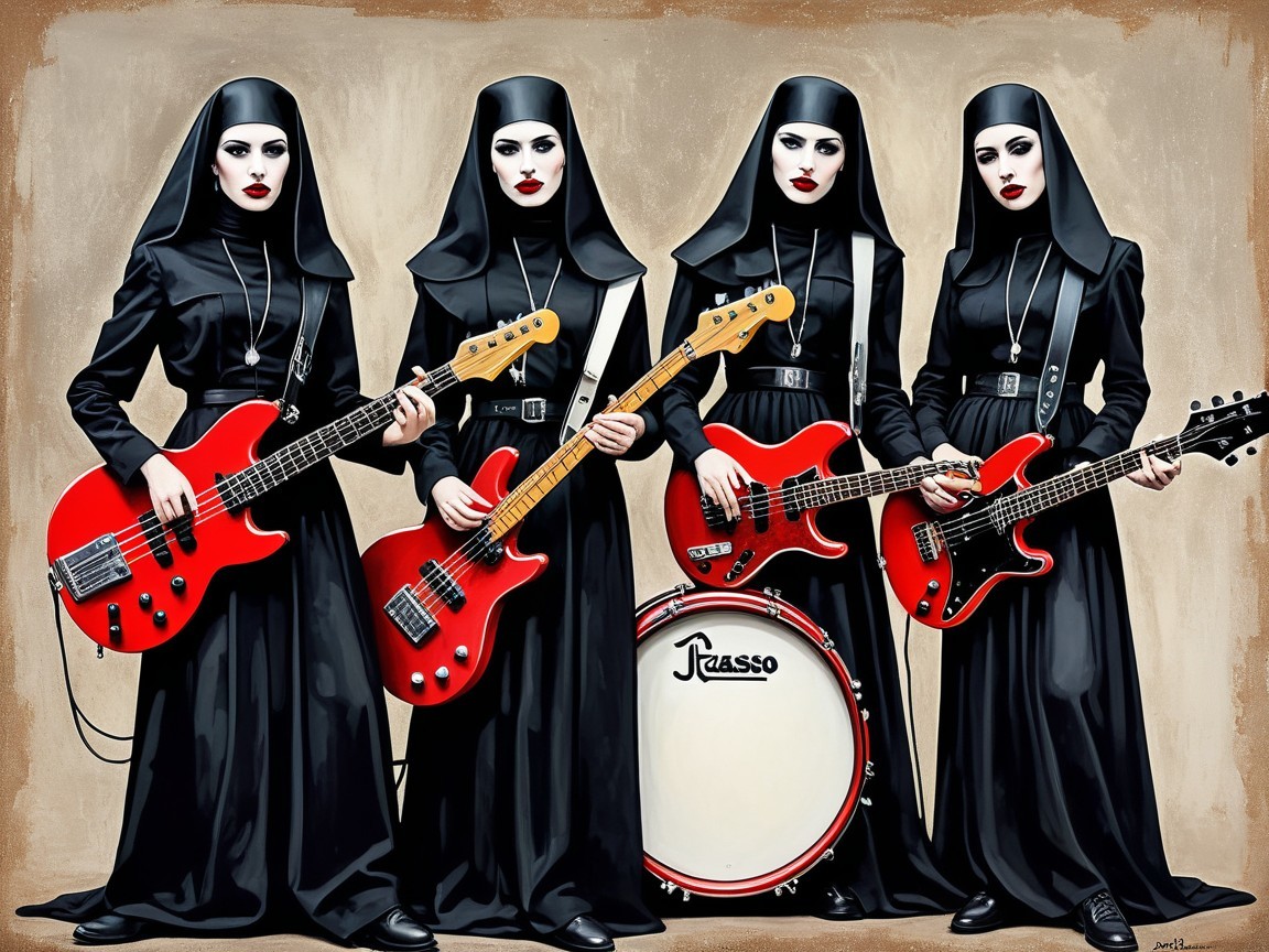 Nuns in Black Habits Playing Electric Guitars