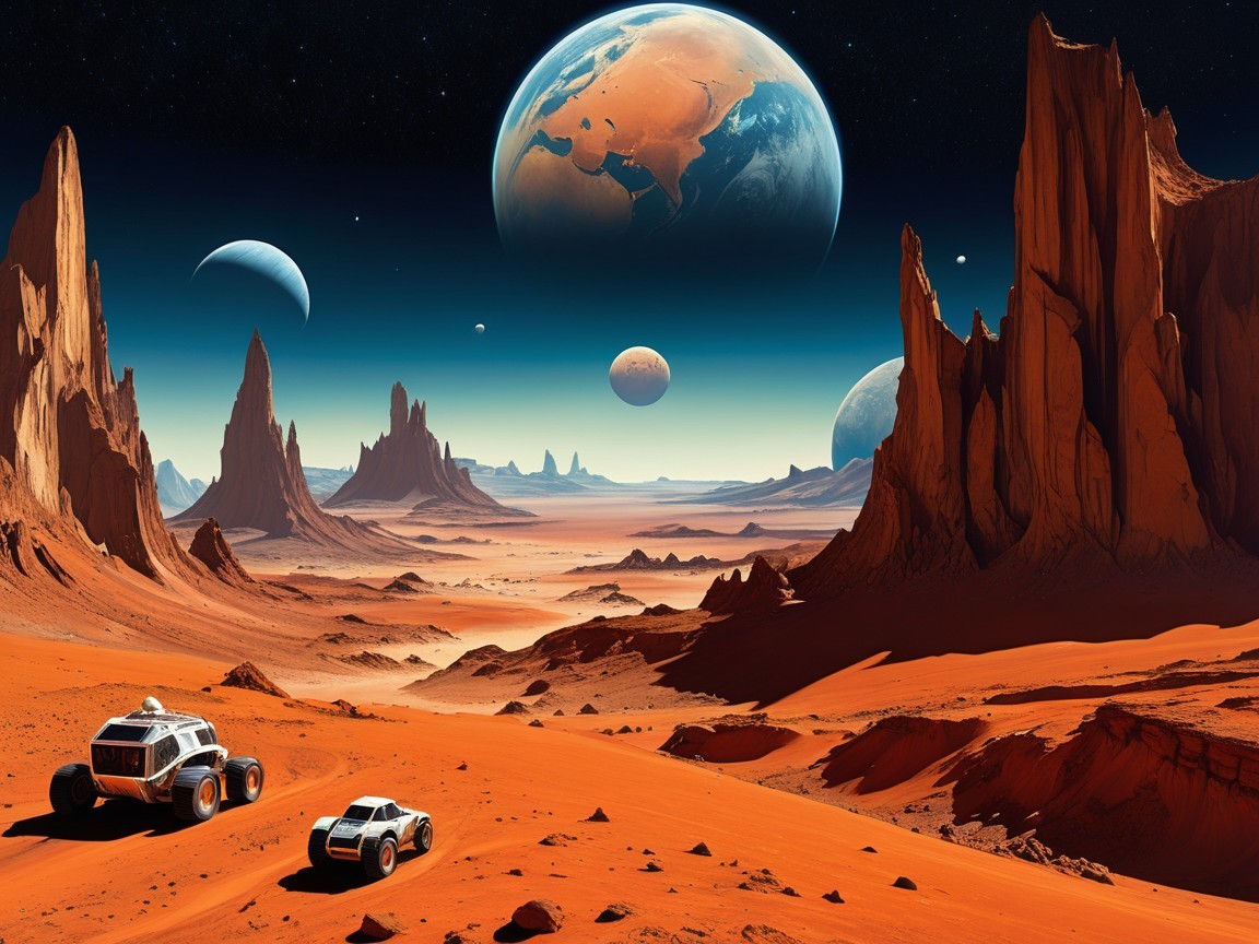 Surreal Extraterrestrial Landscape with Red Rocks and Rovers