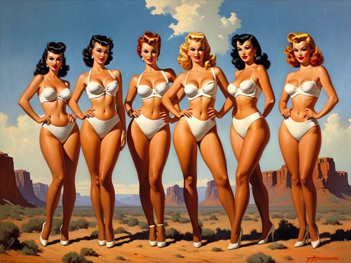 Glamorous Pin-Up Models in Vintage Swimwear in Desert