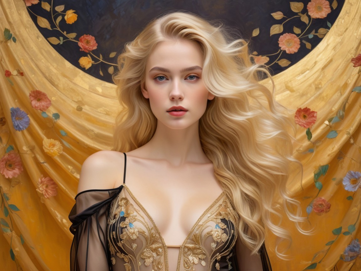 Blonde Woman in Elegant Gown with Floral Backdrop