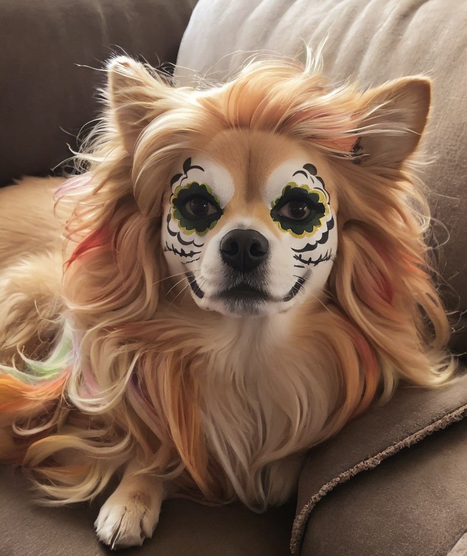 Fluffy Dog with Colorful Face Paint on Couch