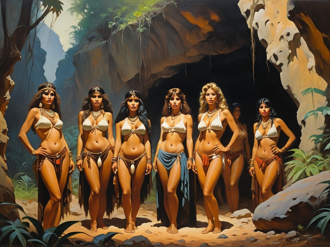 Women in Tribal Clothing Outside a Cave in Nature