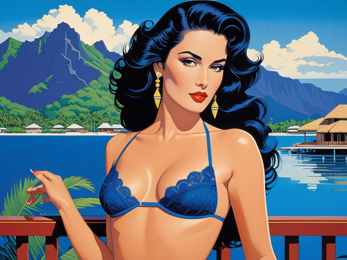 Glamorous Woman in Blue Bikini at Tropical Paradise