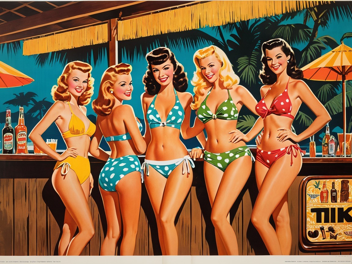 Vibrant Retro Illustration of Women at Tiki Bar