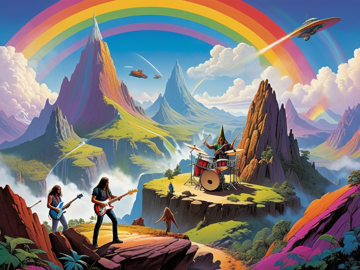 Vibrant Landscape with Mountains, Valleys, and Music