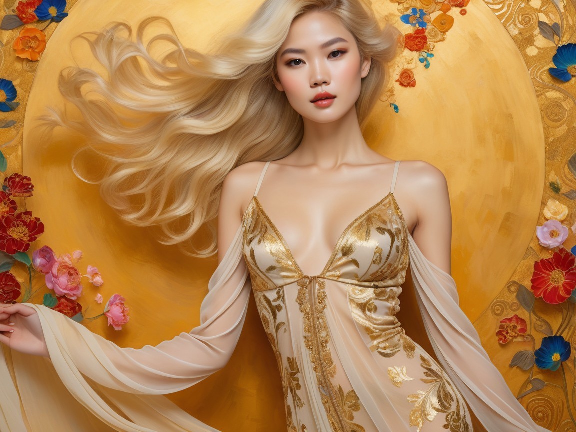 Elegant Woman in Gold-Embroidered Gown with Blossoms