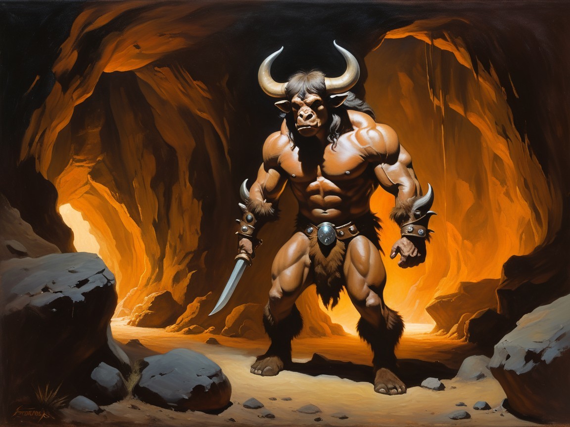 Muscular Minotaur Creature in Dimly Lit Cave