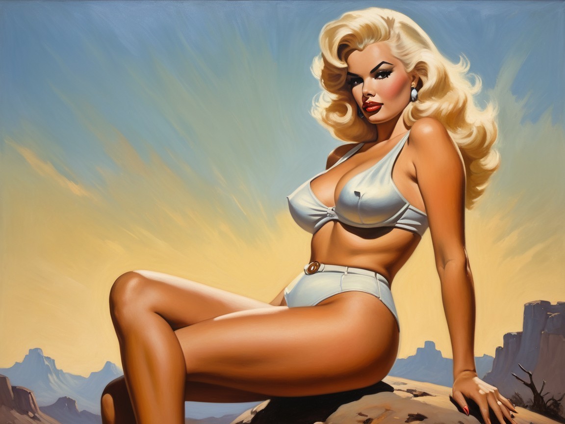 Glamorous Woman in White Bikini at Sunset Background