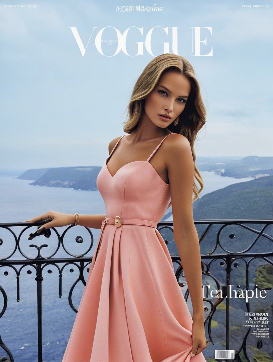 Elegant Model on Balcony with Coastal View