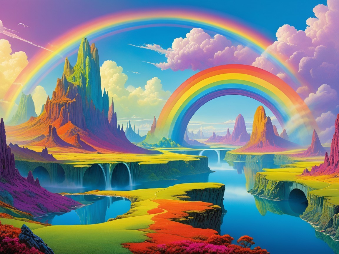 Surreal Landscape with Colorful Mountains and Rainbows