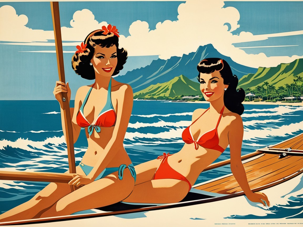 Two Women in Colorful Bikinis on a Boat in Paradise