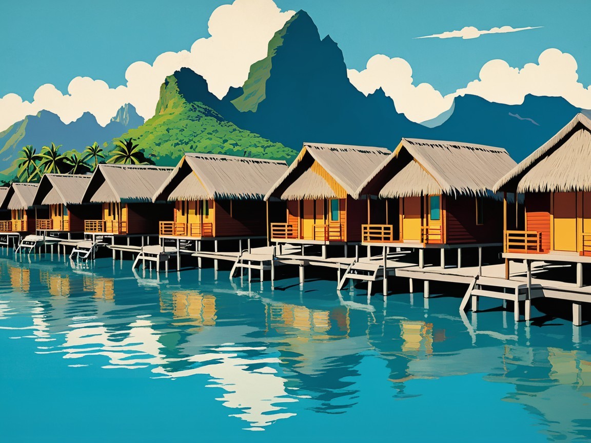 Tropical Landscape with Wooden Bungalows on Stilts