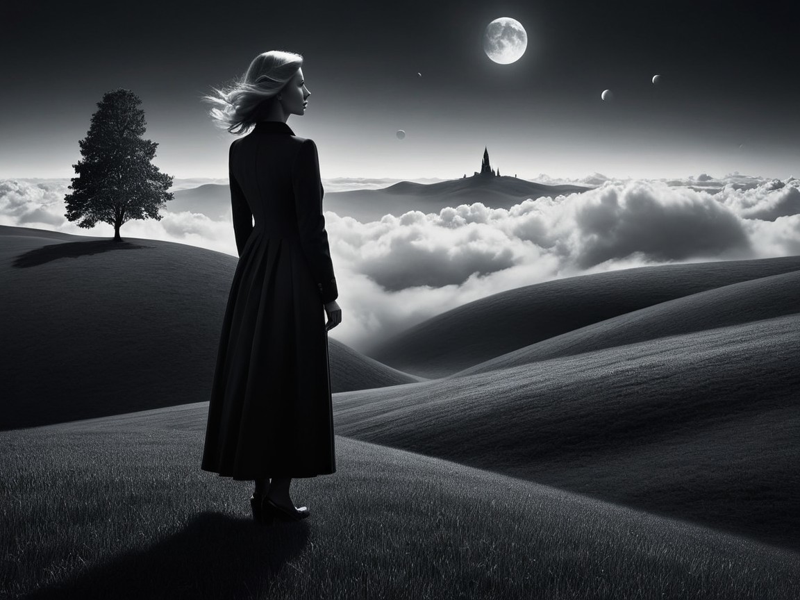 Woman in Black Dress on Grassy Hill with Moonlit Valley