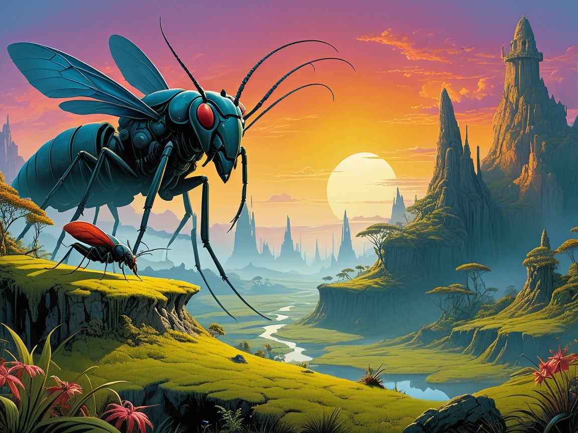 Giant Mechanical Mosquito in Surreal Sunset Landscape