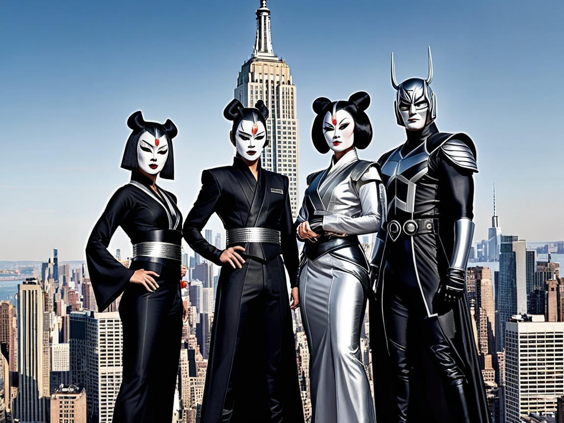 Group of Four Superheroes with City Skyline Background