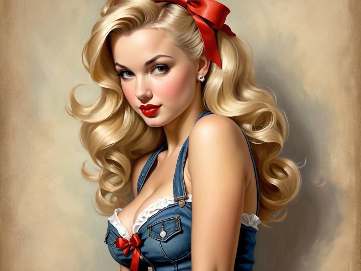 Glamorous Woman in Denim with Blonde Hair and Ribbon