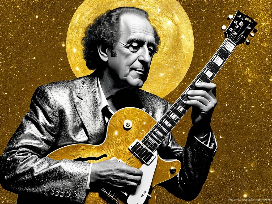 Man in glittery suit playing guitar with gold background