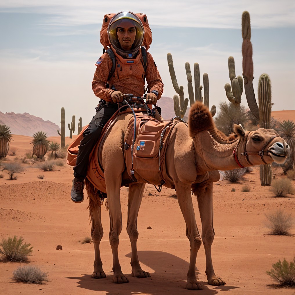 Person in Orange Space Suit Riding Camel in Desert