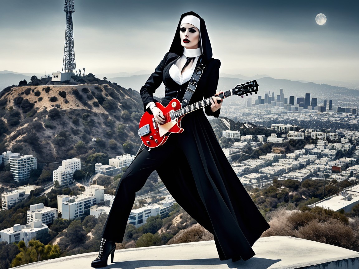 Nun in Black Habit Posing with Red Electric Guitar