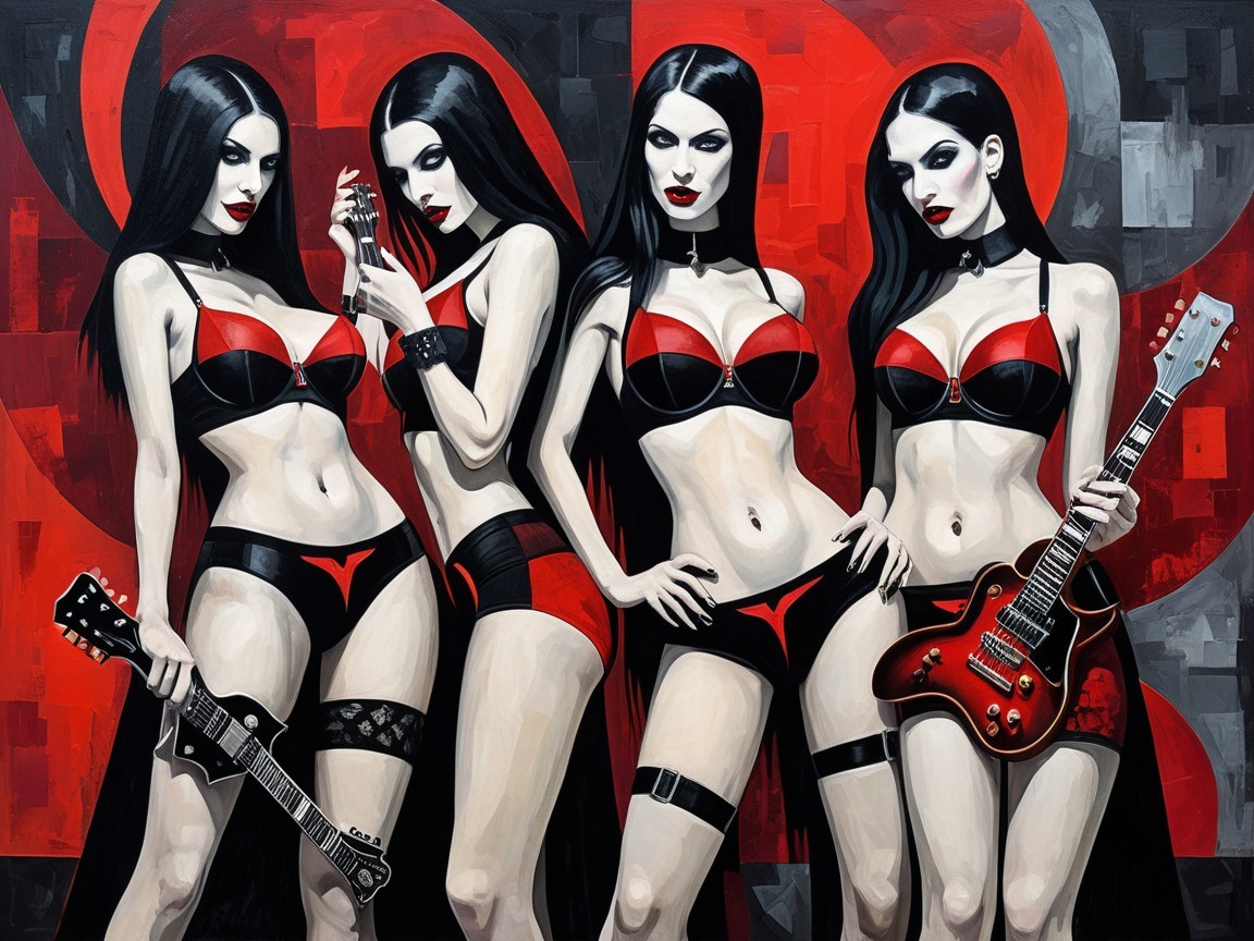 Women in Black and Red Lingerie with Guitars