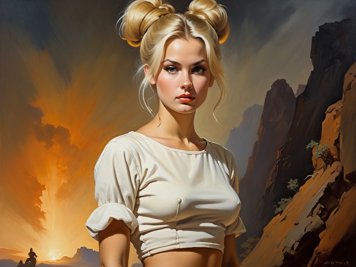 Young woman with playful buns against sunset landscape