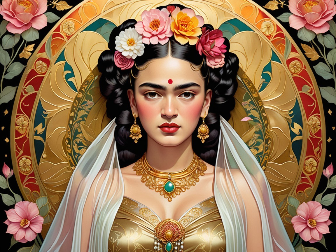 Portrait of a woman with jewelry and floral accents