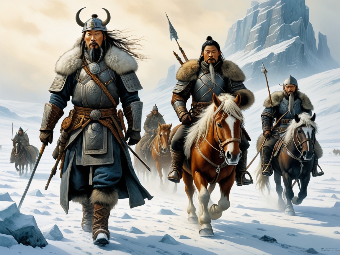 Armored Warriors in Snowy Landscape with Mountains
