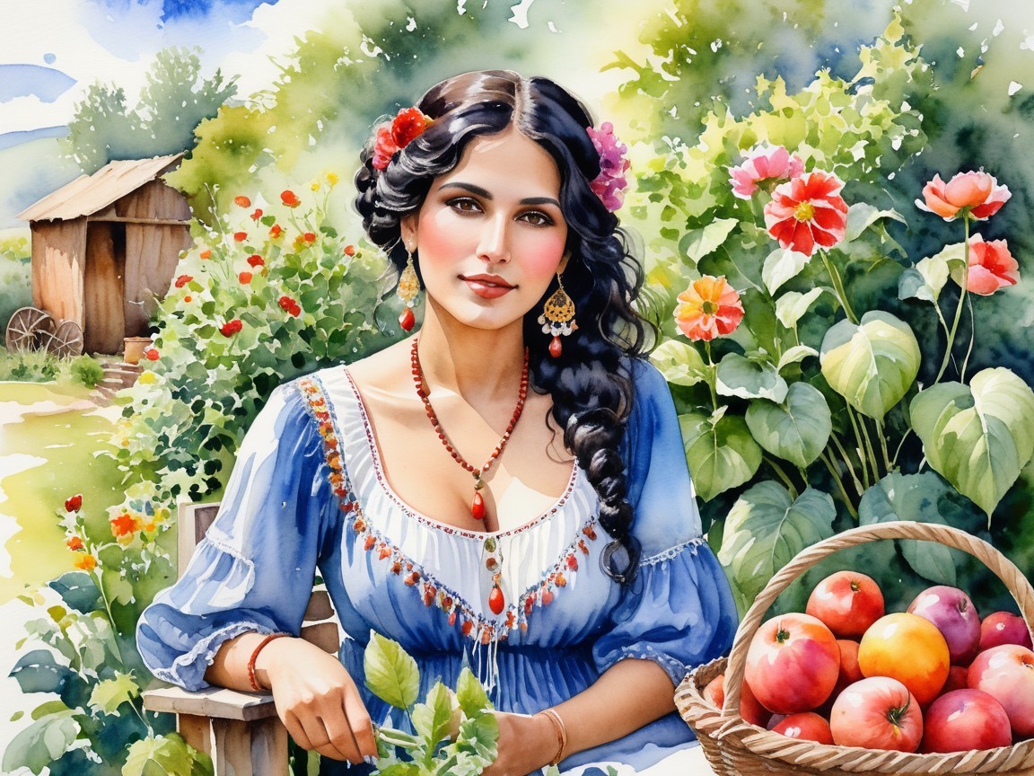 Young Woman in Traditional Outfit in Lush Garden