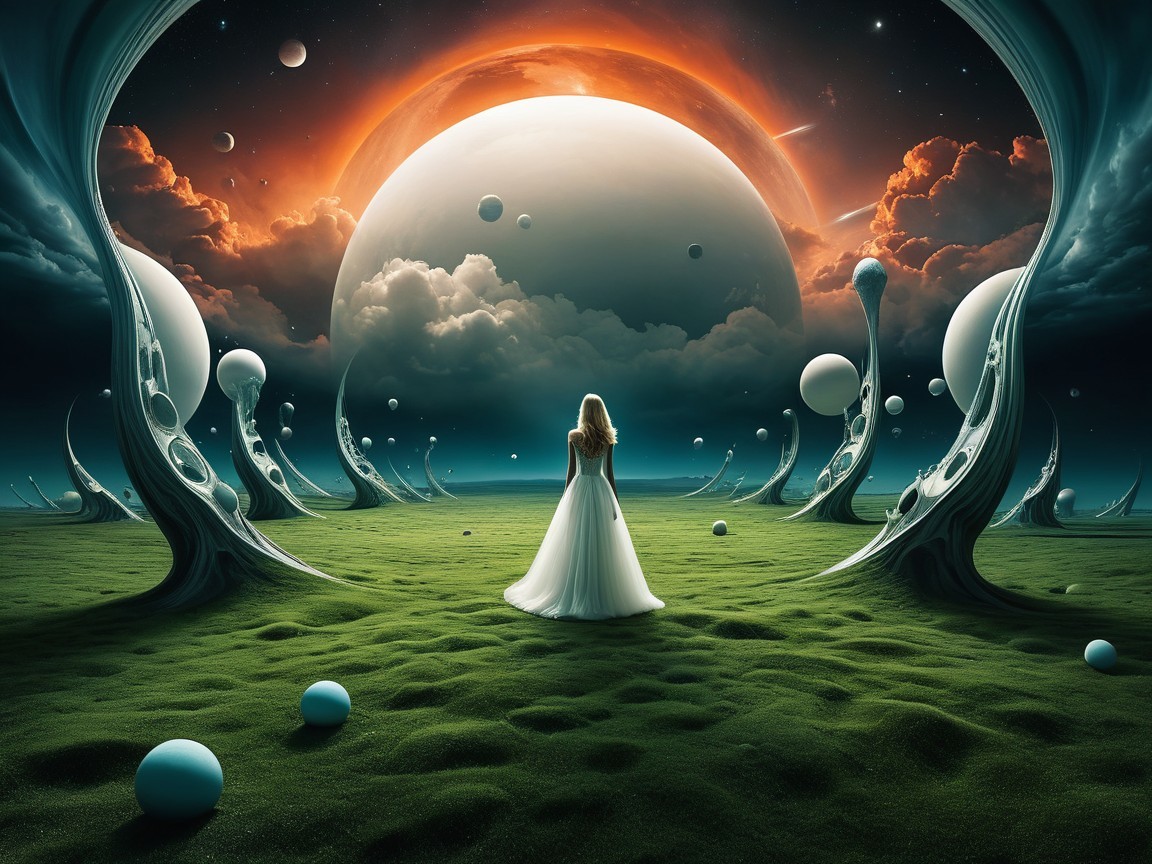 Alien Landscape with Woman, Giant Planet, and Flora