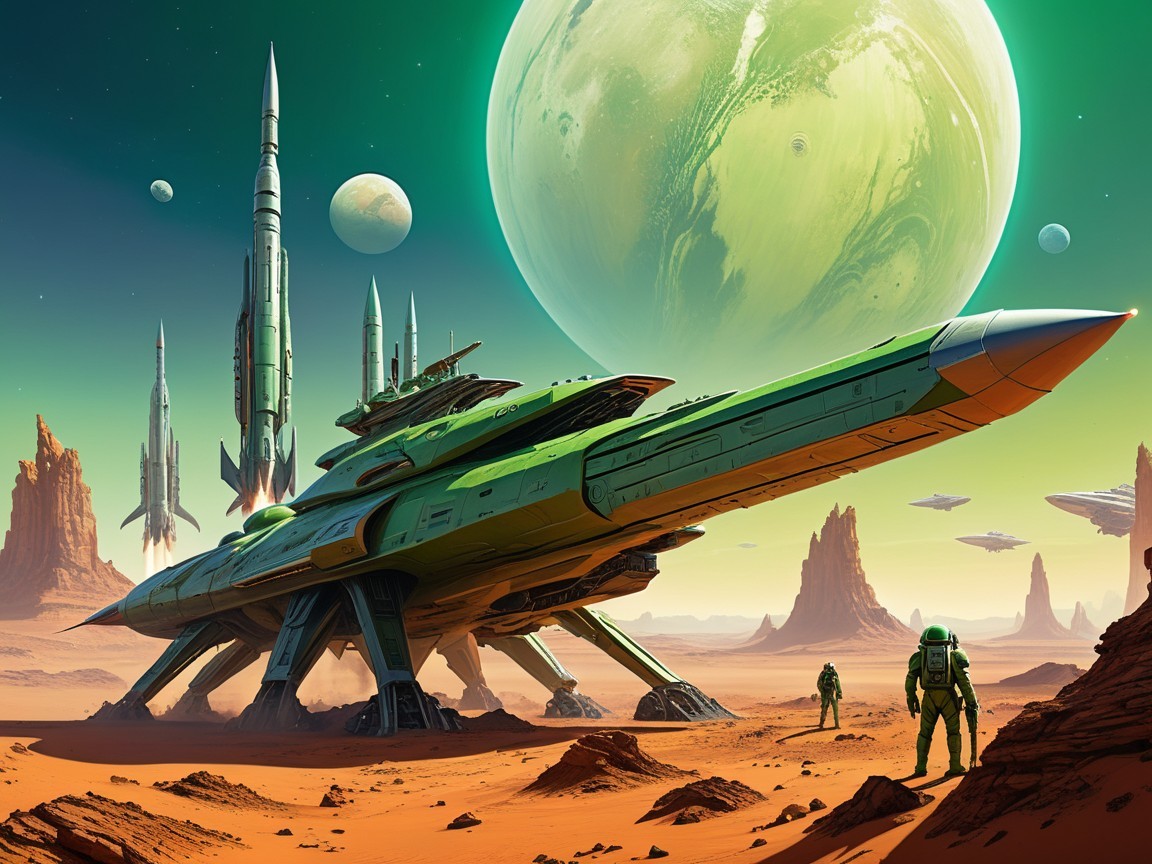 Futuristic spacecraft on a red planet with astronauts