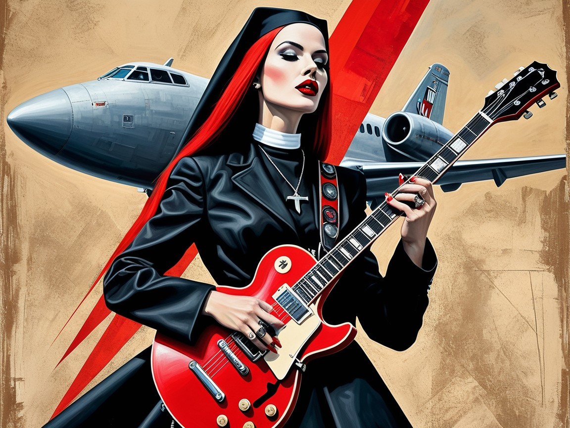 Punk Nun Illustration with Electric Guitar and Emotion