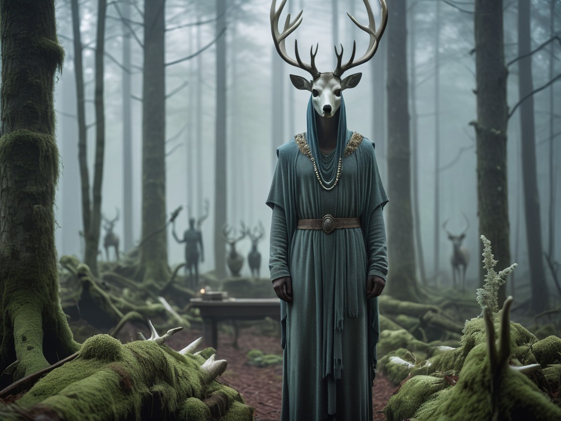 Mystical Forest Scene with Deer Skull Figure and Altar