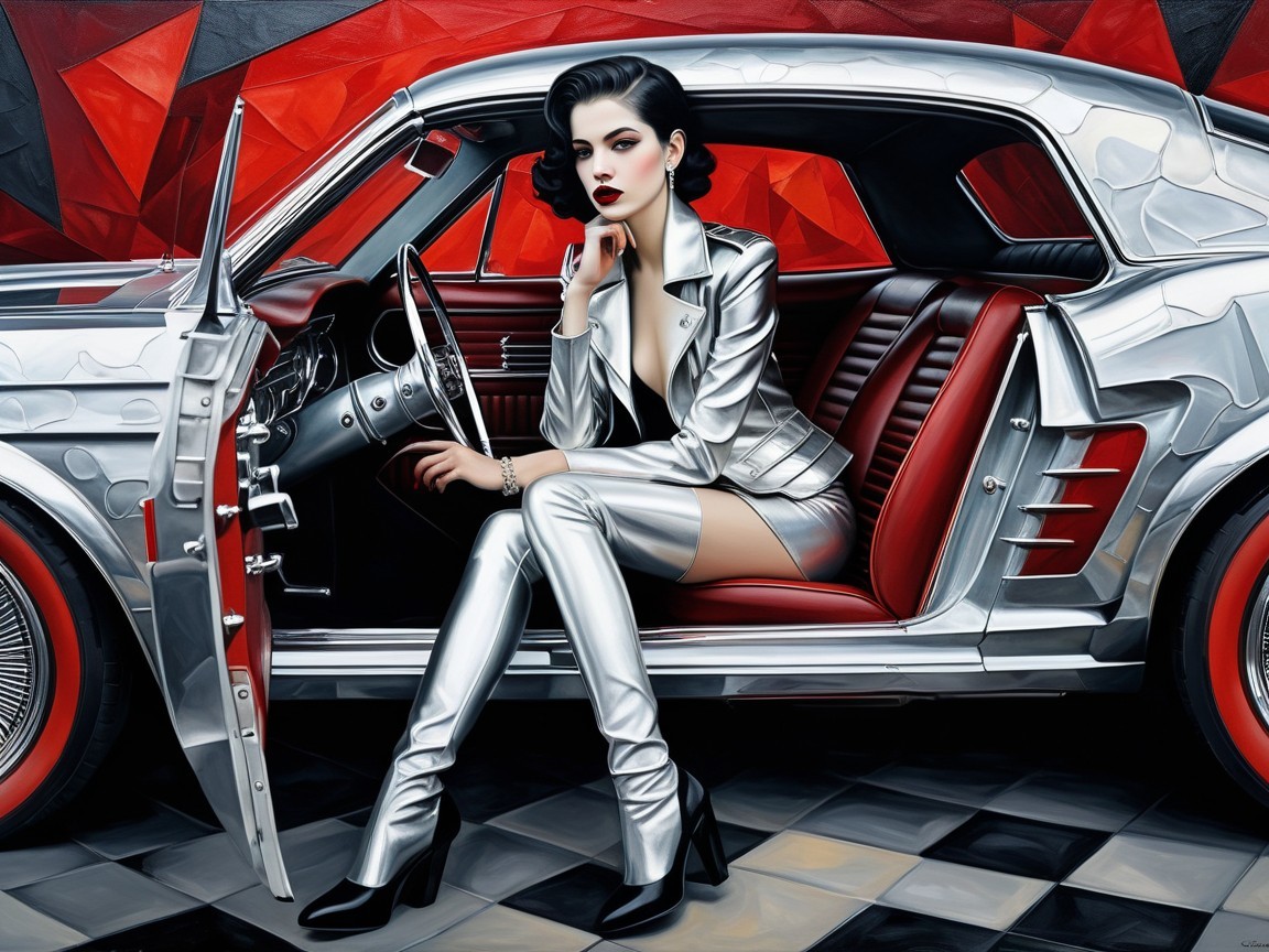 Elegant woman in classic silver car with checkerboard floor