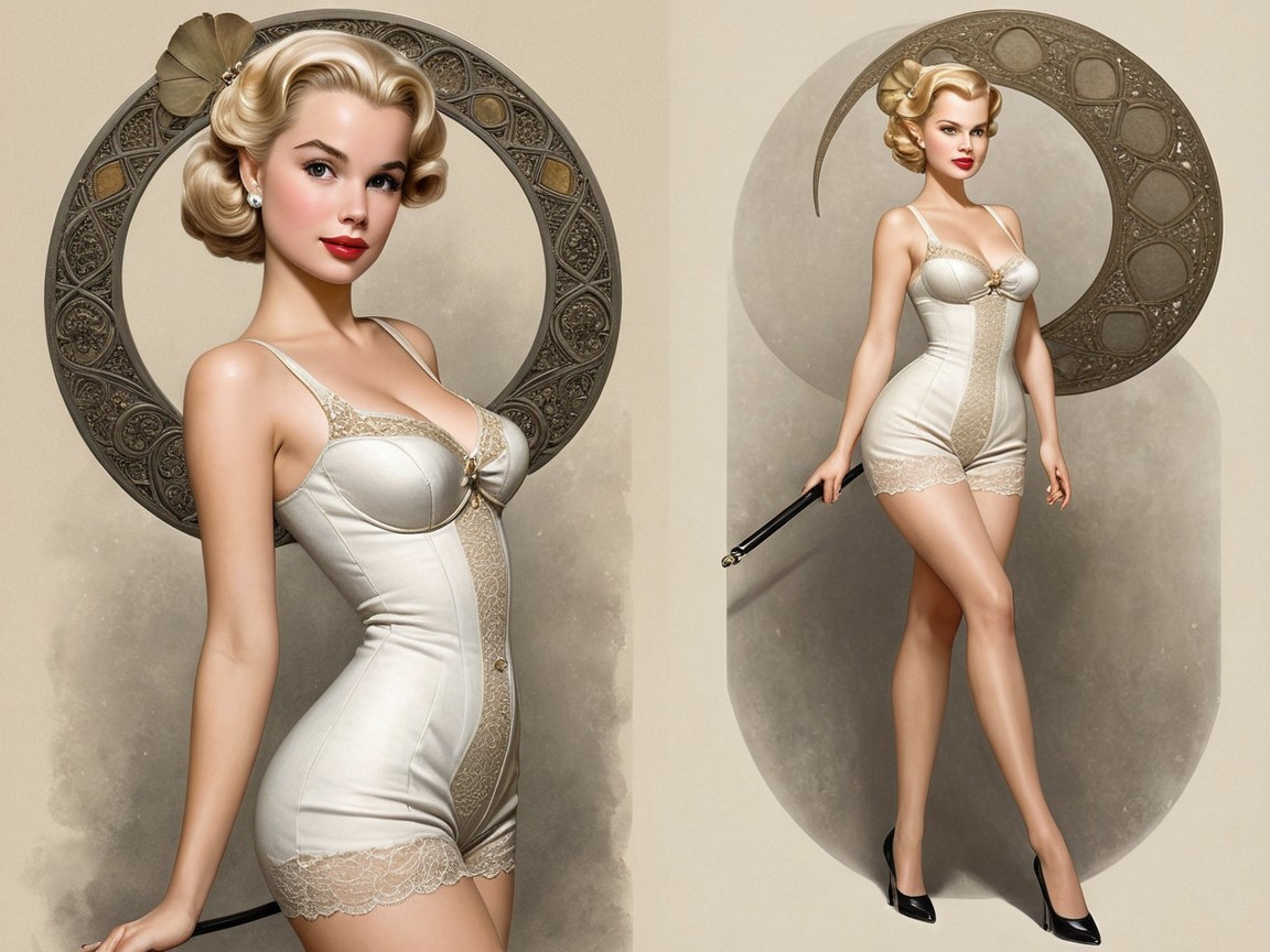 Retro Pin-Up Girl in Lace Bodysuit with Cane