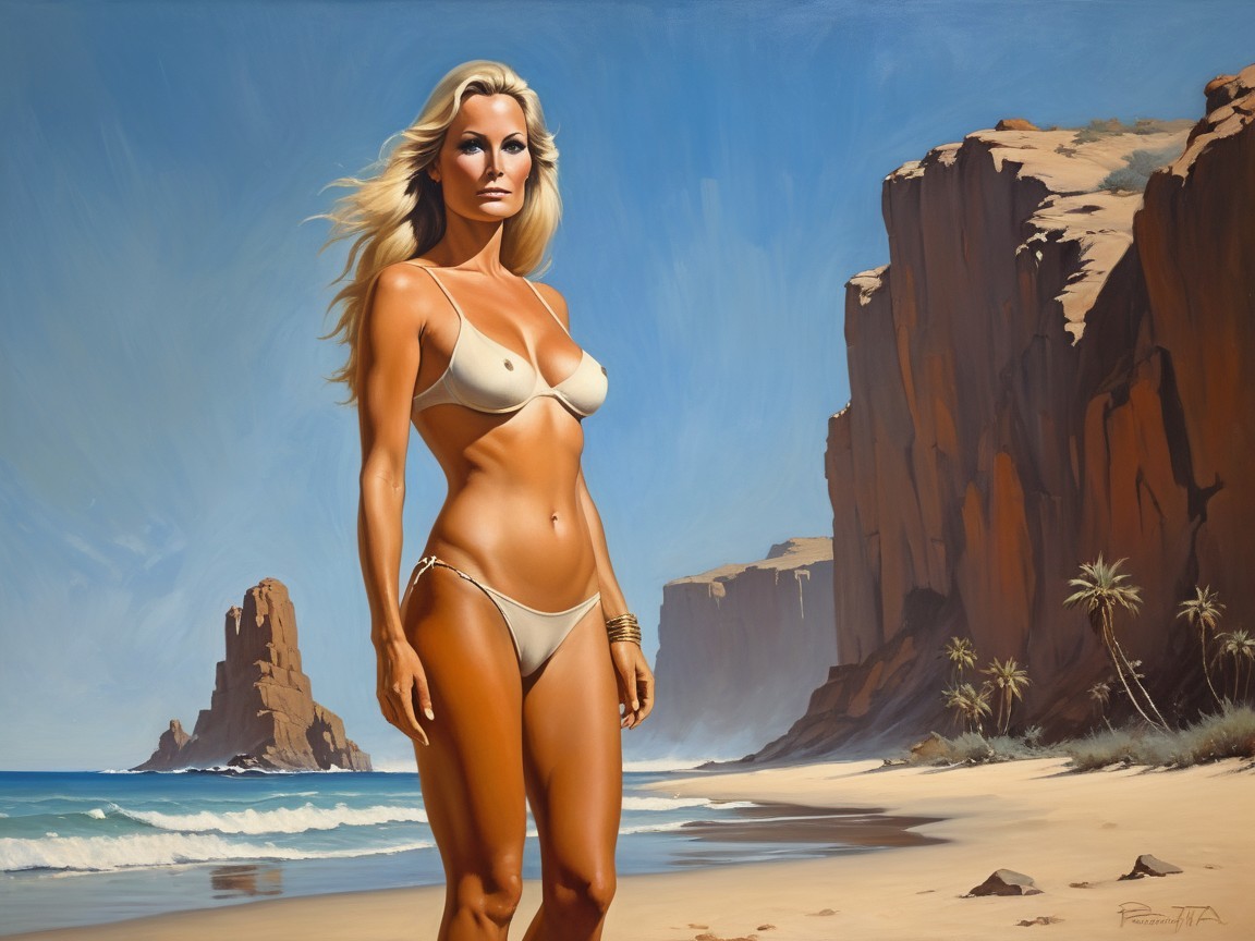 Painting of a Confident Woman on a Sunlit Beach