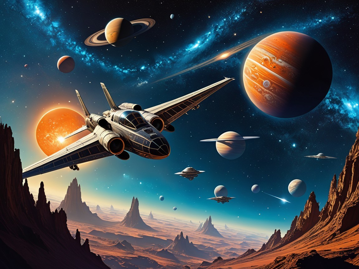 Futuristic Spacecraft in Vibrant Cosmic Scene