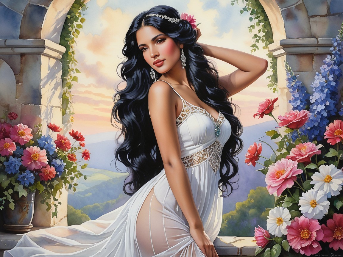 Elegant Woman in White Gown Amidst Scenic Landscape