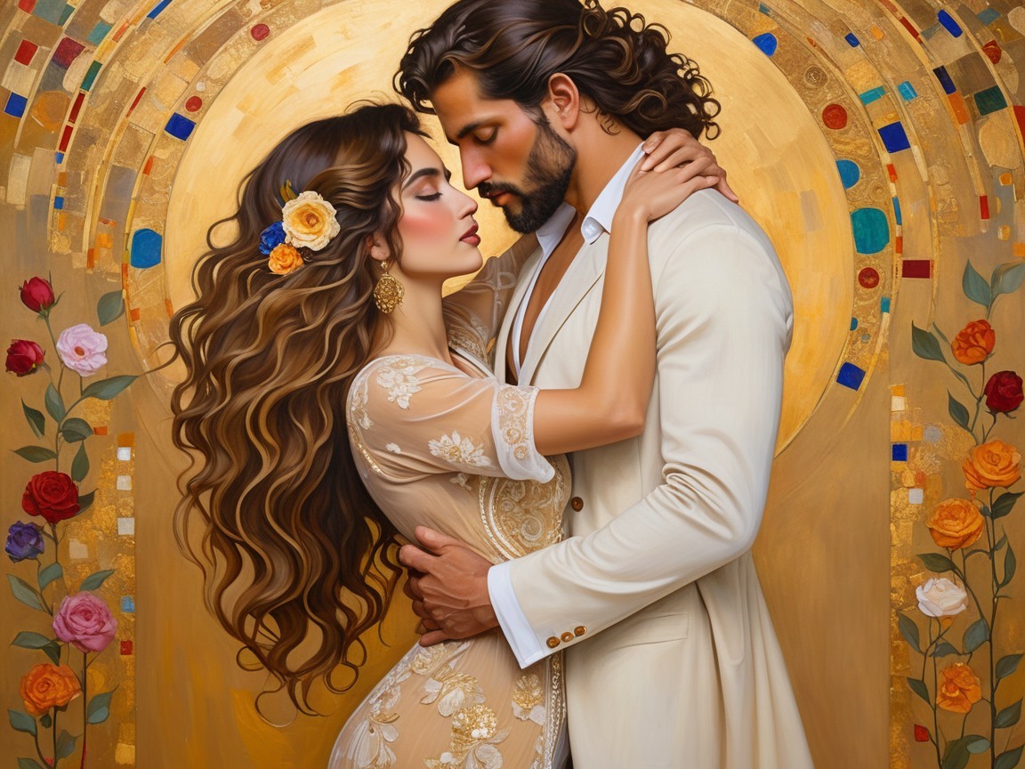 Romantic Embrace of a Couple in Elegant Attire