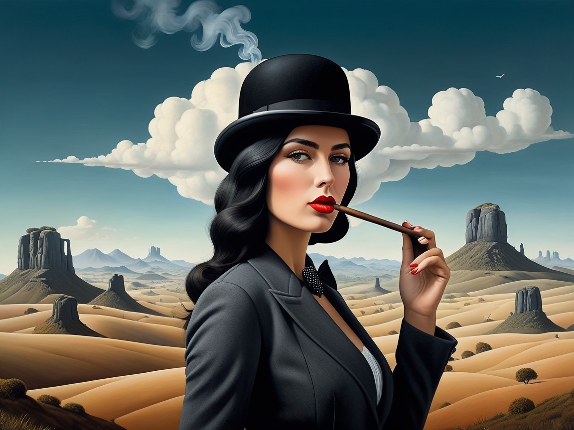 Glamorous Woman in Vintage Suit Against Surreal Landscape