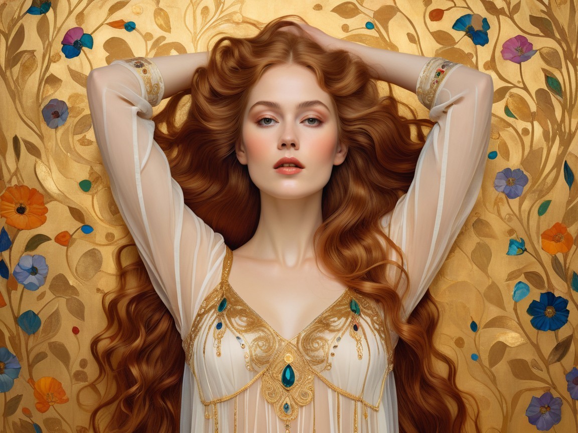 Regal young woman in elegant gown with floral backdrop