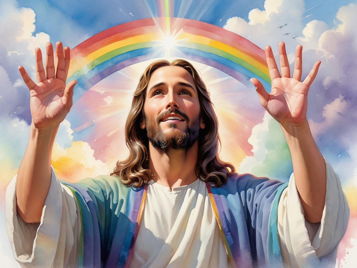 Serene figure with rainbow and bright sky backdrop