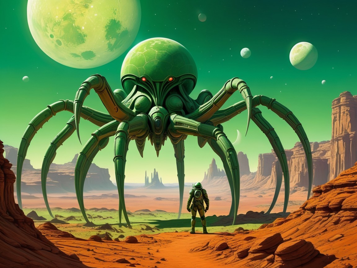 Futuristic Astronaut and Giant Octopus in Alien Landscape