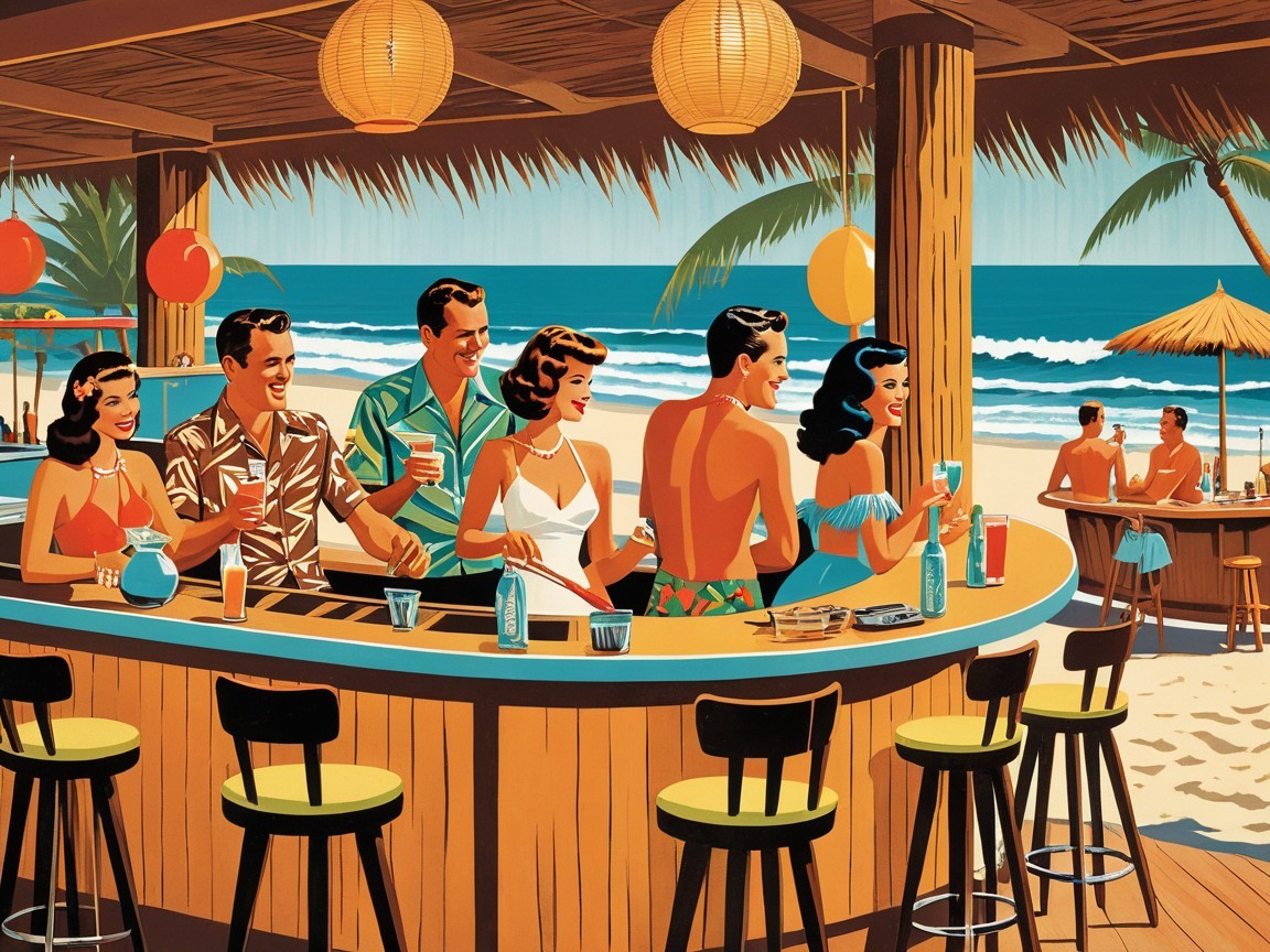 Beach Bar Scene with Friends and Tropical Drinks