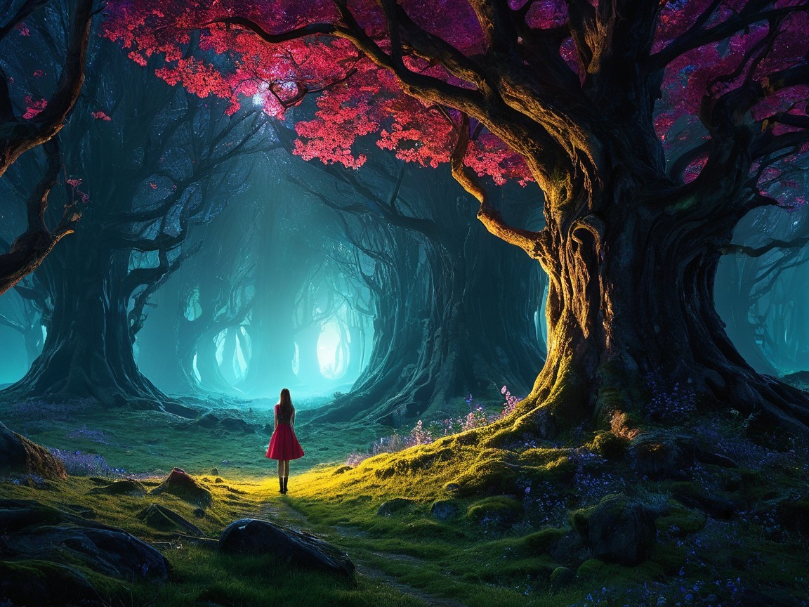 Magical Night Forest with Illuminated Path and Colors